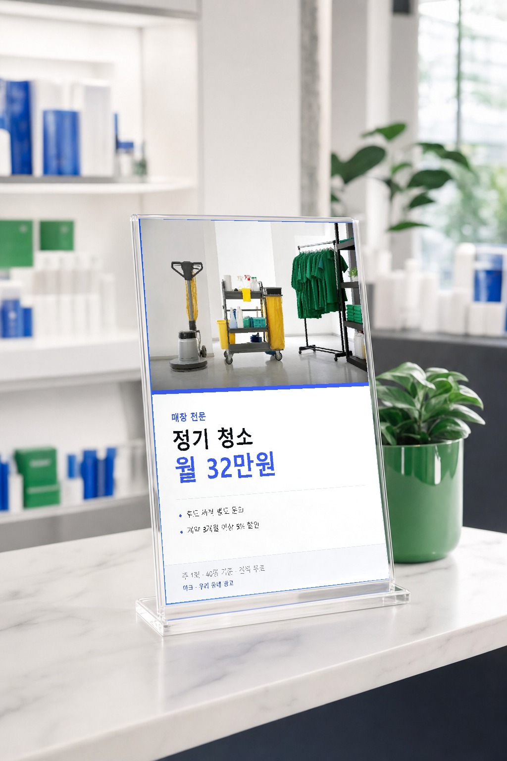 매장청소 · 카운터에 놓인 아크 광고